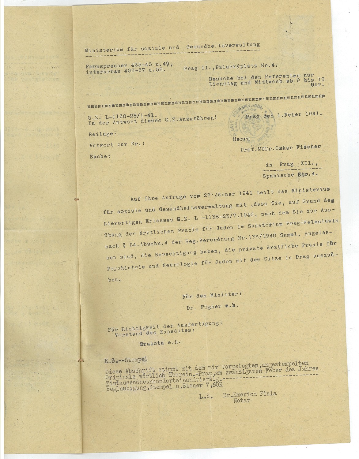 Ministry of Social and Health Administration, 1 February 1941